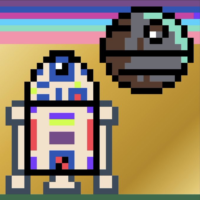 Pixel art of R2-D2 with a floating Death Star-like sphere against a striped background in a Star Wars style.