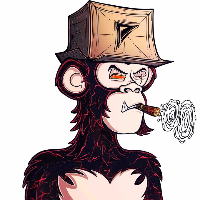 An illustration of a menacing, dark-furred ape or gorilla character wearing a cardboard box on its head, smoking a cigar with glowing orange eyes.