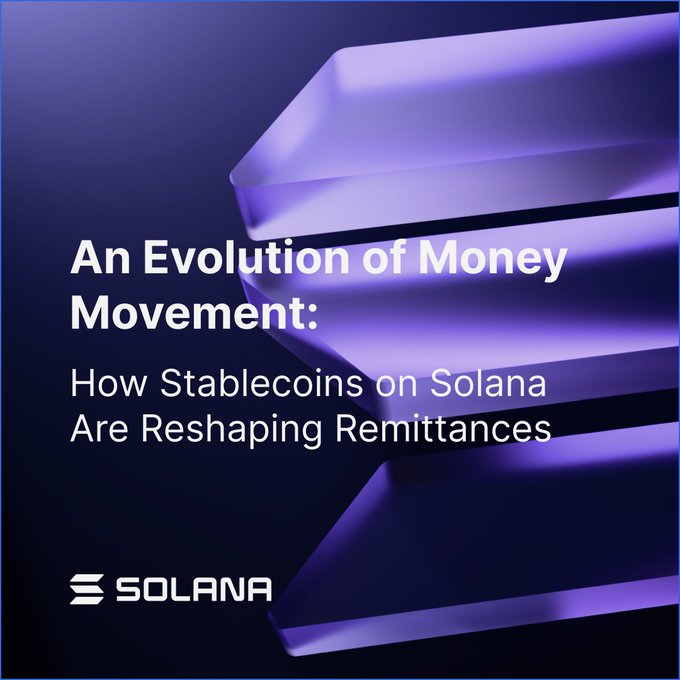 A Solana-branded report cover titled "An Evolution of Money Movement: How Stablecoins on Solana Are Reshaping Remittances," featuring purple stacked block graphics that symbolize the layered, legacy remittance infrastructure being reimagined. The image ties to the post by visually introducing the report's focus on modernizing the $905 billion cross-border payment system through stablecoin solutions on Solana.