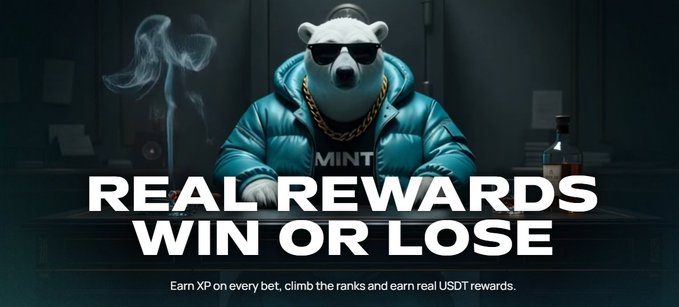 A promotional banner featuring a cartoon bear wearing sunglasses and a teal puffer jacket, with bold text reading 'REAL REWARDS WIN OR LOSE' and smaller text 'Earn XP on every bet, climb the ranks and earn real USDT rewards.'