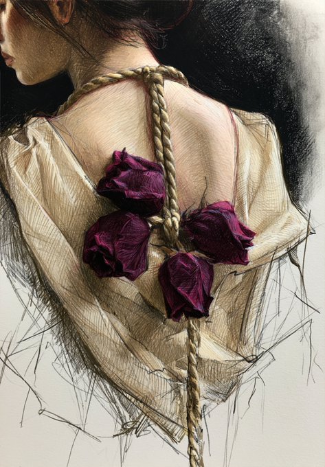 A sketch-style artwork showing the back of a woman with a rope detail running down her dress, adorned with three dark purple dried roses.