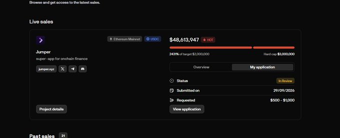 A crypto fundraising page for 'Jumper' (super-app for onchain finance) showing a live sale with $48,613,947 raised on Ethereum Mainnet via USDC, at 243% of target ($2,000,000) with a hard cap of $3,000,000, status 'In Review', submitted on 29/09/2026 with a requested range of $500-$1,000.