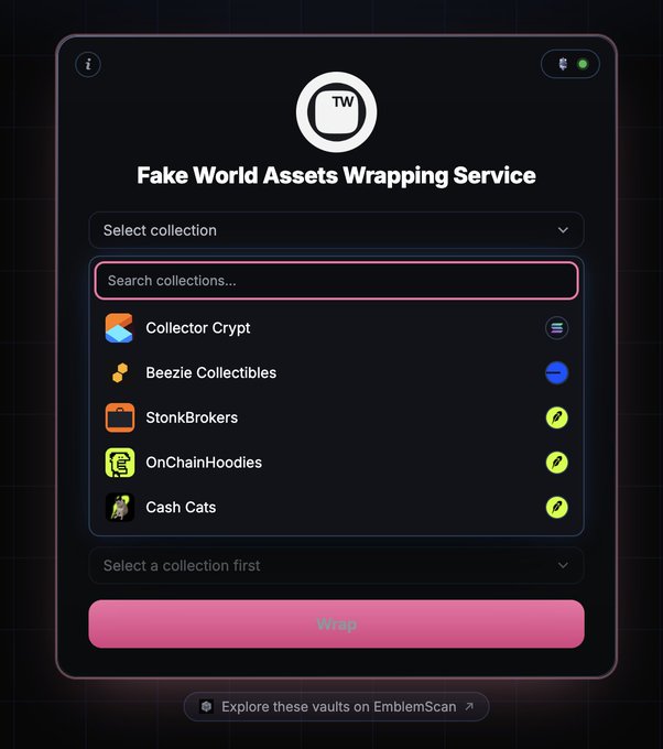 A dark-themed user interface for a 'Fake World Assets Wrapping Service' showing a search bar and a dropdown list of NFT collections including Collector Crypt, Beezie Collectibles, StonkBrokers, OnChainHoodies, and Cash Cats.