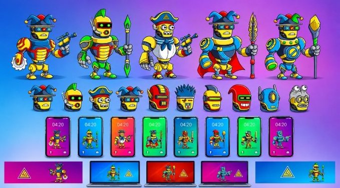 A colorful illustration displaying various robot character designs and matching graphic assets for different digital devices.