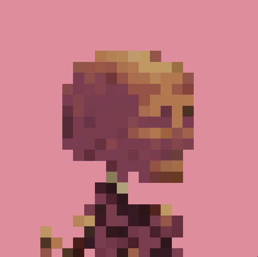 A pixelated, low-resolution image showing a figure with a yellow/tan head and dark maroon clothing against a solid pink background.