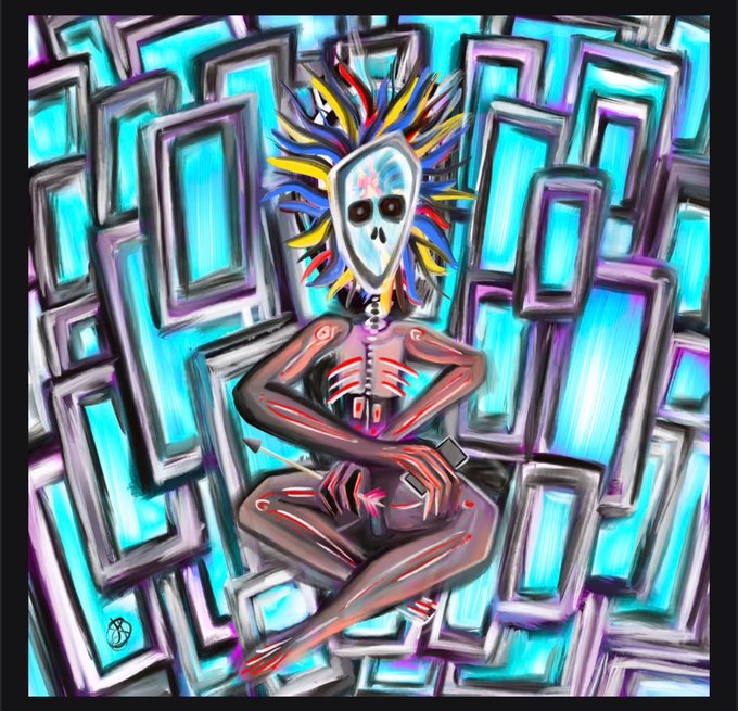A vibrant, surreal digital illustration depicts a skeletal figure with colorful spiked hair sitting cross-legged, set against a background of glowing teal and purple rectangular frames, fitting the cryptic "Link in the comment below" post likely referencing an artist or music link.