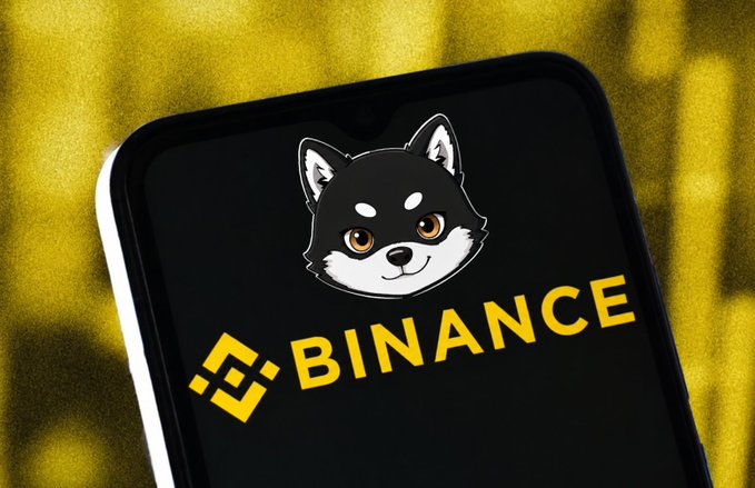 The image shows a smartphone displaying the Binance logo alongside the Shiba Inu dog mascot on a black screen with a yellow background. This visual ties into the post's call for Binance to list a Shiba Inu-themed meme token ($MAME), combining the exchange's branding with the popular dog meme imagery central to the request.