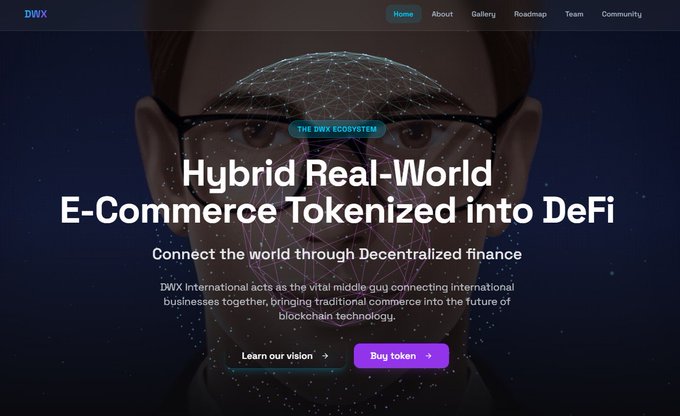 The DWX (DWX International) website homepage advertising 'Hybrid Real-World E-Commerce Tokenized into DeFi' with the tagline 'Connect the world through Decentralized finance.'