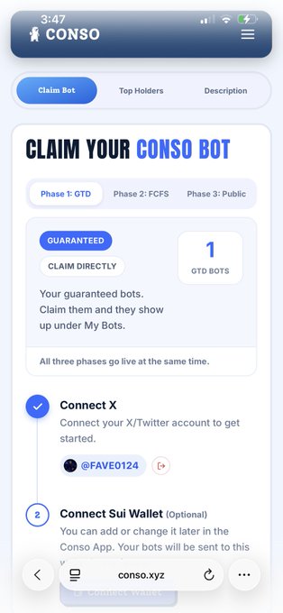 A “CONSO” app page advertises “CLAIM YOUR CONSO BOT,” showing a “Claim Bot” tab, phases “GTD,” “FCFS,” and “Public,” and steps to connect X account @FAVEO124 and optionally a Sui wallet.