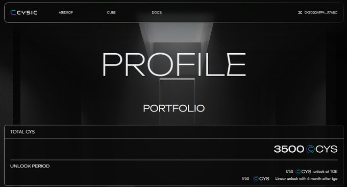 The image shows a CYSIC portfolio profile page displaying a total balance of 3500 CYS, with 1750 CYS unlocked at TGE and the remaining 1750 CYS to be linearly unlocked over 6 months. This relates to the claim process described, where users access their CYS holdings through the user portal before bridging them cross-chain from BASE to BSC.