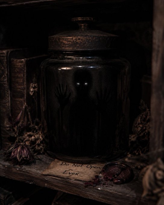 A dark, eerie photograph of a glass jar containing a shadowy figure with glowing eyes, labeled with a 'Do Not Open Ever' note.