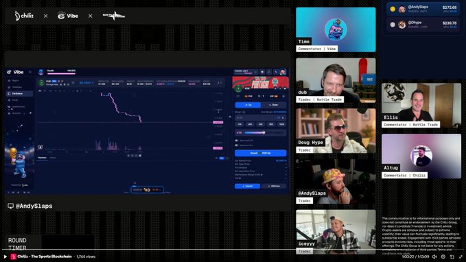A live stream screenshot titled 'ROUND TIMER' by @AndySlaps featuring 'Ohlio - The Sports Showdown' with multiple participants in a video call discussing trading/crypto.
