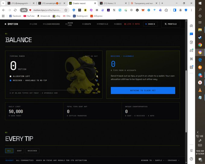The image shows the MOTION profile dashboard on motion.tips with a tipping power of 0, a daily limit of 50,000, and zero tips sent out or received, illustrating the $MOTION reward campaign platform referenced in the post about earning tokens through engagement and tipping.