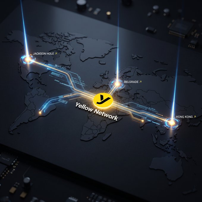 A digital world map displays the 'Yellow Network' logo at its center with glowing connection lines extending to nodes labeled 'JACKSON HOLE', 'BELGRADE', and 'HONG KONG'.