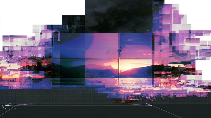 A pixelated, glitch-art landscape depicts a serene sunset over water with mountains, rendered in vibrant pinks, purples, and dark blues against a grid background with visible "X" and "Z" axis labels. The dreamy, fragmented scene complements the post's uplifting message about finding solace and healing, as the beautiful sunset evokes the "temporary" yet hopeful tone of the reflection on time and nature.