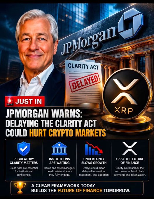 The image features a promotional graphic about JPMorgan's warning regarding the CLARITY Act, with a portrait of Jamie Dimon on the left, the JPMorgan logo at the top, and an XRP coin on the right alongside a "DELAYED" stamp on a CLARITY Act document. The bold headline reads "JPMORGAN WARNS: DELAYING THE CLARITY ACT COULD HURT CRYPTO MARKETS," accompanied by four icons highlighting points about regulatory clarity, institutional involvement, growth uncertainty, and XRP's role in finance.