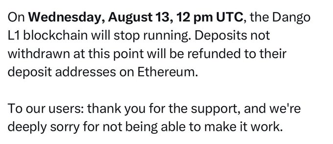Text announcement stating 'On Wednesday, August 13, 12 pm UTC, the Dango L1 blockchain will stop running. Deposits not withdrawn at this point will be refunded to their deposit addresses on Ethereum.' with a message thanking users and apologizing for not being able to make it work.