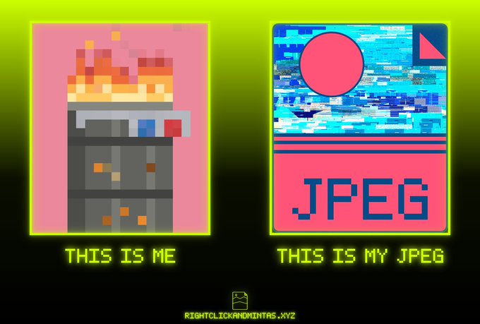 Pixel-art meme on a neon green-and-black background comparing a fiery character labeled “THIS IS ME” with a distorted image labeled “THIS IS MY JPEG,” including the word “JPEG” and a small watermark.