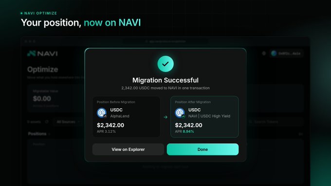 A dark interface shows a 'Migration Successful' confirmation for 'NAVI', indicating 2,342.00 USDC moved to NAVI High Yield with a 'Done' button.