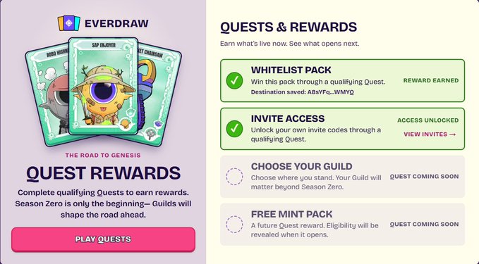 A promotional screenshot for 'EVERDRAW' shows 'THE ROAD TO GENESIS QUEST REWARDS' with NFT cards on the left and a 'QUESTS & REWARDS' panel listing 'WHITELIST PACK', 'INVITE ACCESS', 'CHOOSE YOUR GUILD', and 'FREE MINT PACK' on the right.