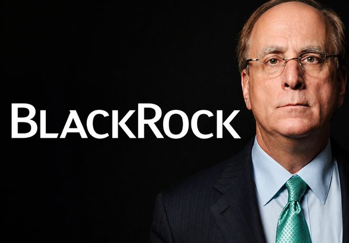 Promotional graphic for BlackRock featuring the company's logo alongside a portrait of CEO Larry Fink wearing a green tie.