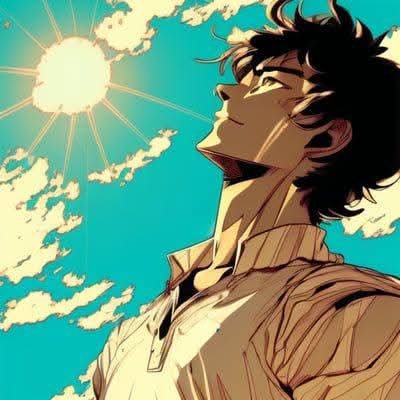 Anime-style illustration of a young man with dark hair looking up at a bright sun in a turquoise sky with scattered clouds.