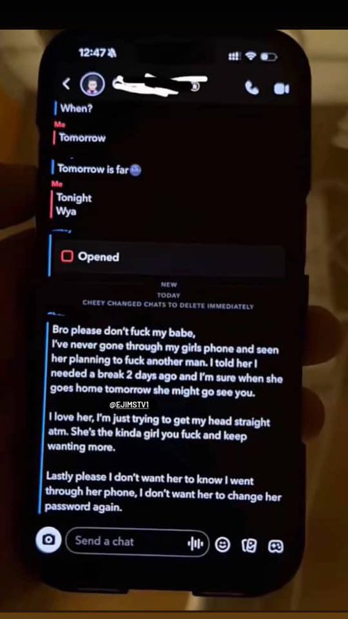 A screenshot of an Instagram DM conversation showing a user named Cheezy pleading with someone to stay away from their girlfriend, with the message 'CHEEZY CHANGED CHATS TO DELETE IMMEDIATELY' visible.
