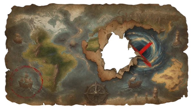 A weathered treasure map with torn edges features a large hole in the center, a red "X" marking a swirling whirlpool, a compass rose, and a circled ship icon in the corner. The aged, scattered nature of the map visually mirrors the post's point about TermMaxFi offering a more stable, contract-based alternative to the constantly shifting conditions of traditional DeFi lending.