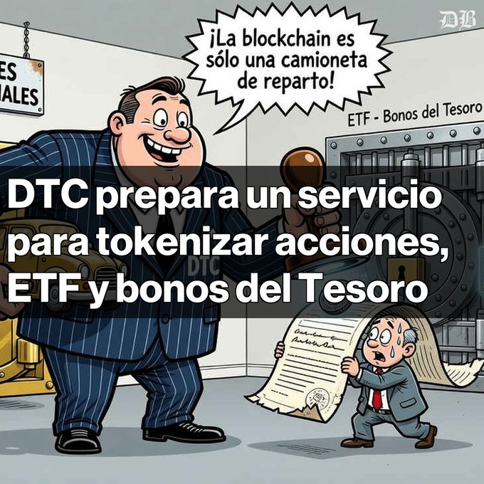 A cartoon illustration of a large man in a pinstripe suit saying '¡La blockchain es sólo una camioneta de reparto!', with the headline 'DTC prepara un servicio para tokenizar acciones, ETF y bonos del Tesoro'.