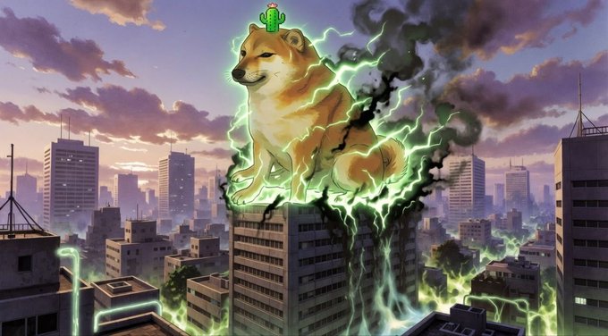 A giant Doge (Shiba Inu) wearing a green crown towers over a cityscape, wreathed in green lightning and dark smoke, evoking a chaotic, all-powerful meme-crypto mascot. The image ties to the post's giveaway by visually amplifying the "$10 to one active" Dogecoin-themed prize, dramatizing the idea that the Doge token is "blasting" value to a single lucky wallet address.