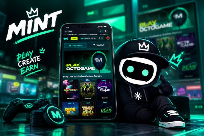 An advertisement for 'MINT' features the tagline 'PLAY CREATE EARN' with a robot mascot and a smartphone displaying casino gaming options like 'Galactica' and 'Octogame'.