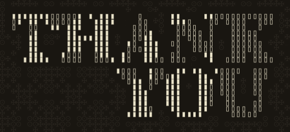 Pixel art text reading 'TRALAL' on the top and 'TRULOO' on the bottom against a black background with faint decorative patterns.