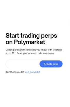 A promotional interface for Polymarket perpetual futures trading, displaying the headline 'Start trading perps on Polymarket' with instructions to enter a referral code to activate leverage up to 20x, featuring an 'Activate perps' button.