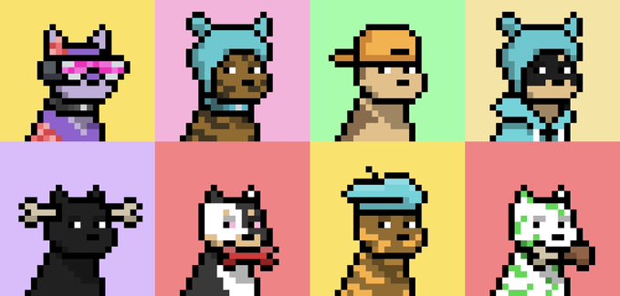 A grid of eight pixel-art character portraits of various anthropomorphic animals wearing hats and hoods, displayed against alternating pastel colored backgrounds.