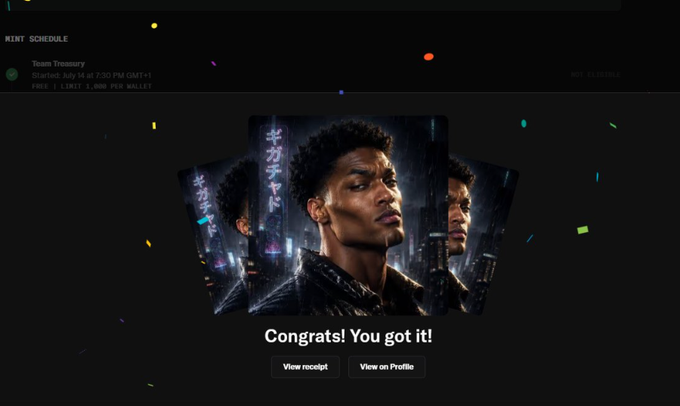 A digital collectible reveal screen showing three cyberpunk-style character cards with Japanese text, displaying 'Congrats! You got it!' with 'View receipt' and 'View on Profile' buttons, under a 'Team Treasury' header showing 'FREE 1 LIMIT 1,000 PER WALLET'.