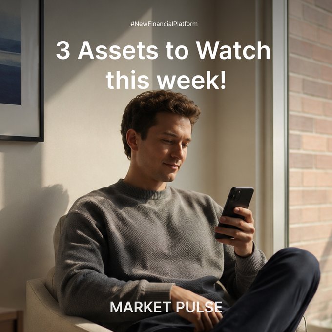 A young man in a gray sweater sits relaxed in a sunlit room, smiling as he scrolls through his smartphone, while overlay text reads "#NewFinancialPlatform 3 Assets to Watch this week!" and "MARKET PULSE," illustrating the post's promotion of Bybit's weekly trading insights for US tech earnings and the EUR/USD currency pair.