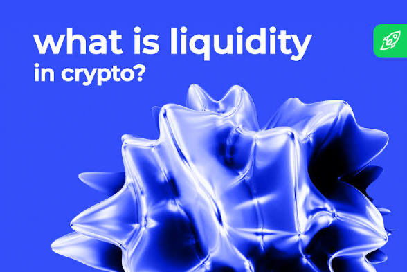 A graphic with a blue background featuring the text 'what is liquidity in crypto?' alongside a 3D glossy blue abstract shape and a small rocket icon.