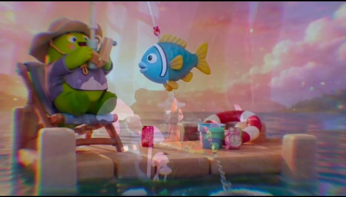 A colorful illustration featuring a green creature in a hat fishing from a dock while a blue fish with a hook in its mouth floats nearby, accompanied by a life preserver and buckets.