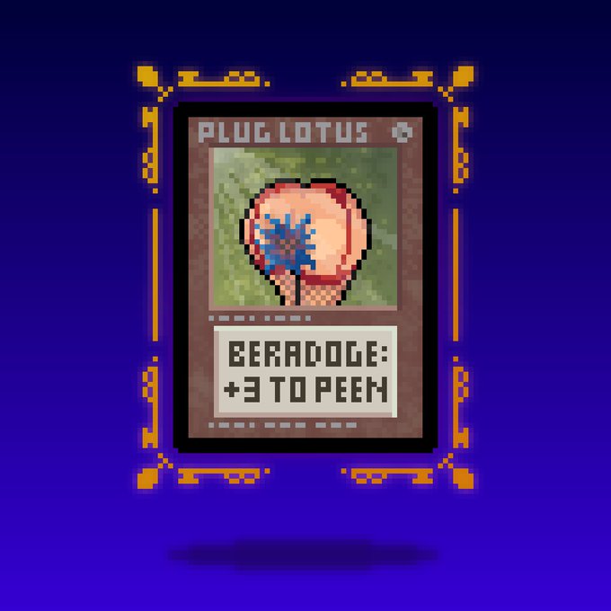 Pixel art trading card titled 'PLUG LOTUS' with text 'BEARADOGE: +3 TO PEEKY' displayed against a dark blue background.