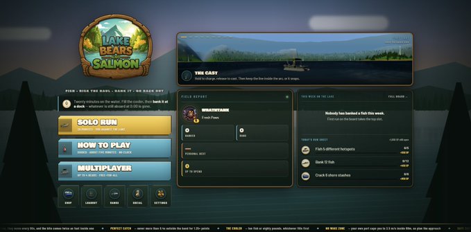 A screenshot of the Lake Bears Salmon game menu showing options for Solo Run, How to Play, and Multiplayer, along with field report statistics and current lake conditions.
