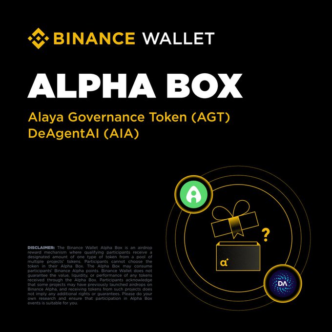 A 'Binance Wallet Alpha Box' promotional graphic featuring tokens Alaya Governance Token (AGT) and DeAgentAI (AIA), with a mystery box illustration and airdrop disclaimer text.