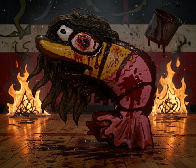 A dark, gruesome digital artwork shows a blood-soaked character with wild hair and a yellow beak-like mouth, holding a dripping bucket in front of a burning background.