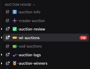 A Discord server sidebar for "Auction House" displays multiple channels including #wl-auctions, which shows a notification badge of 114, indicating a large number of new messages or activity in the whitelist auctions channel—likely corresponding to the 114 WL (whitelist) spots the user is excited to review.