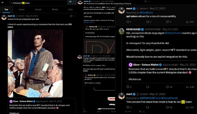 A collage of Twitter/X posts discussing a potential new NFT standard on Solana that is cheaper and simpler than Metaplex, with users debating the token standard.