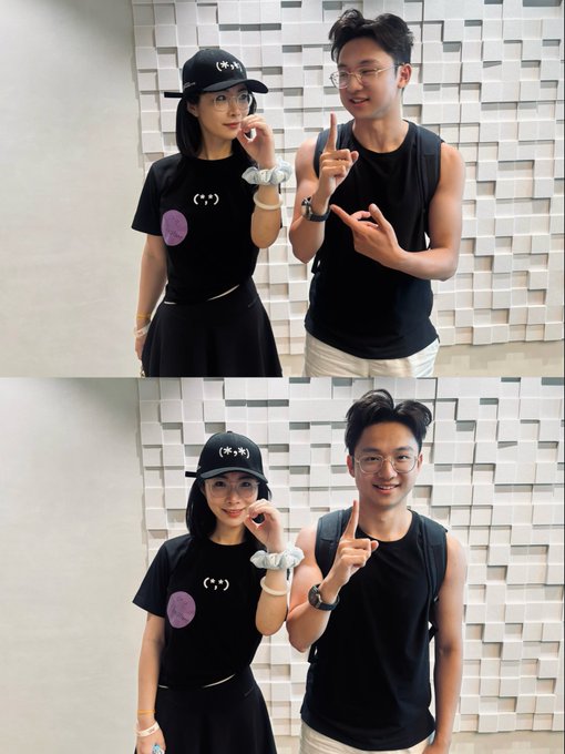 A two-panel photo shows a woman in a black t-shirt and cap and a man in a black tank top posing playfully against a textured white wall, making small gestures with their hands.