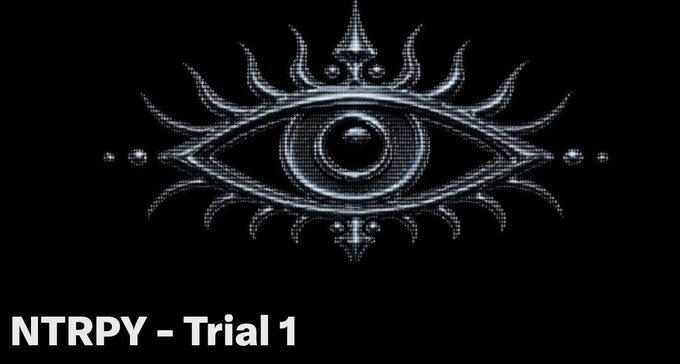 A stylized metallic eye emblem with radiant sun-like rays is displayed on a black background, with the text "NTRPY – Trial 1" in the bottom left corner, serving as branding for the upcoming NTRPY NFT collection mint highlighted in the post.