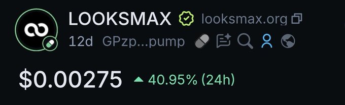The image shows a token listing for "LOOKSMAX" at looksmax.org, currently priced at $0.00275 with a 40.95% gain in 24 hours and a $GPz...pump ticker reference. This appears to support the announcement that the $LOOKSMAX token is now verified on JupiterExchange, displaying key market data visible on the platform.