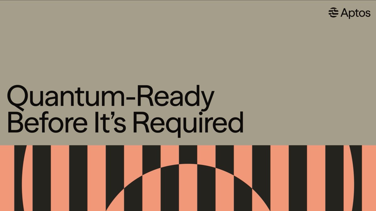A beige promotional graphic from Aptos displays the headline "Quantum-Ready Before It's Required" in bold black text, with the Aptos logo in the top right corner. The bottom features an abstract design of coral and black vertical stripes with a curved arch, visually reinforcing the message of proactive, prepared infrastructure that aligns with the post's emphasis on building quantum-resistant capabilities ahead of demand.