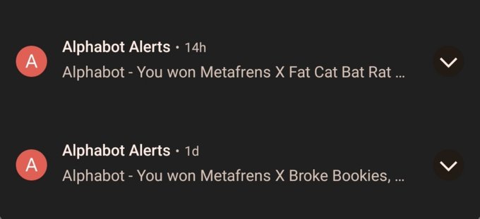 Mobile notifications from 'Alphabot Alerts' stating 'You won Metafrens X Fat Cat Bat Rat...' and 'You won Metafrens X Broke Bookies,...'.