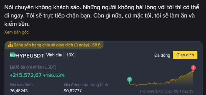 A Vietnamese cryptocurrency screenshot showing a trading post with text translating to 'Don't talk behind my back. Those who are not satisfied with me can leave...' above a chart for HYPE/USDT showing a +215,572.67 gain (+186.53%) with entry price 76.48243 and average closing price 90.82777.